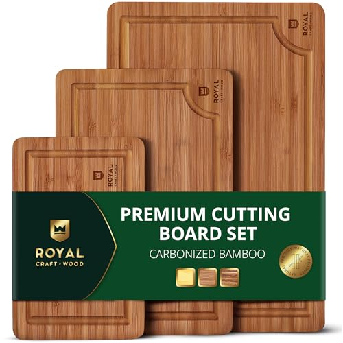 ROYAL CRAFT WOOD Wooden Cutting Boards for Kitchen Meal Prep & Serving - Bamboo Wood Serving Board Set with Deep Juice Groove Side Handles - Charcuterie & Chopping Butcher Block for Meat