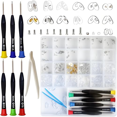 Eyeglass Repair Kit with 220PCS Nose Pads, 6PCS Precision Screwdriver Set, 100 Screws & Tweezers - Professional Glasses Repair Tools for Eyeglasses, Sunglasses, Watch, Jewelry Compact & Complete