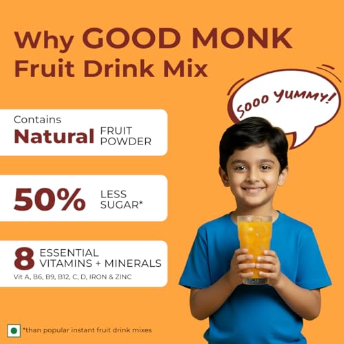 Image of Good Monk Fruit Drink Mix (Natural Orange Powder), 50% Less Sugar with 8 Vitamins & Minerals (Vitamin B12, C, D, Iron & more) | Tasty, Healthy & Tangy Drink Mix for Hydration, Energy, Immunity, 10 Serves