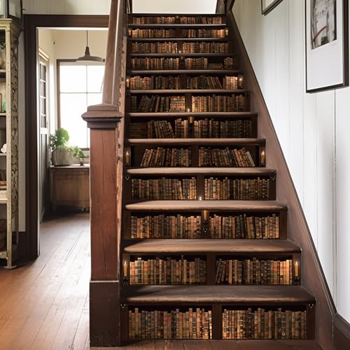 funlife 14pcs Peel and Stick Vintage Bookshelf Stair Riser Decals,