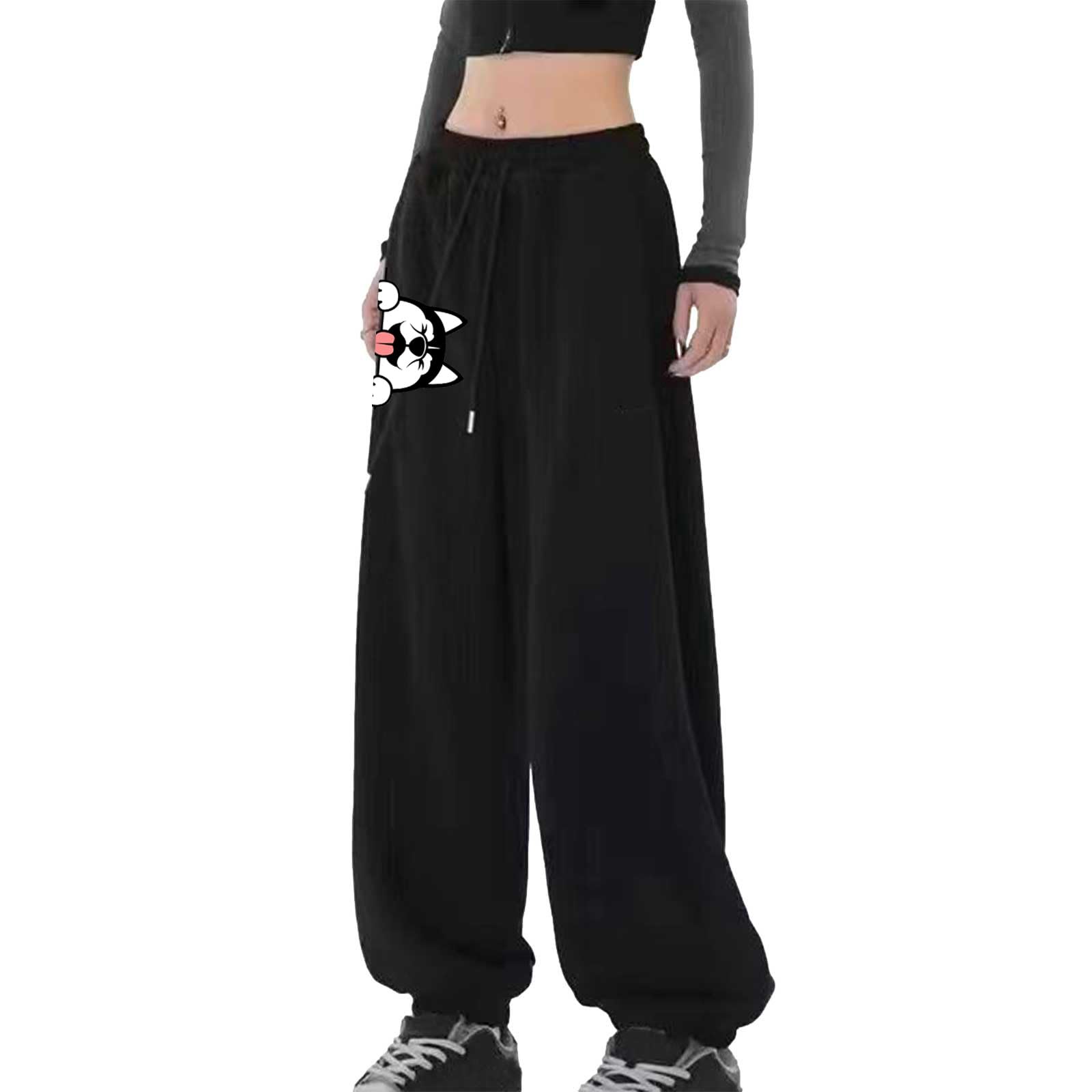 of Womens Casual Sweatpants Y2K Fashion Parachute Pants Low Waisted Running Pants Wide Leg Cinch Bottom Joggers Pockets Black