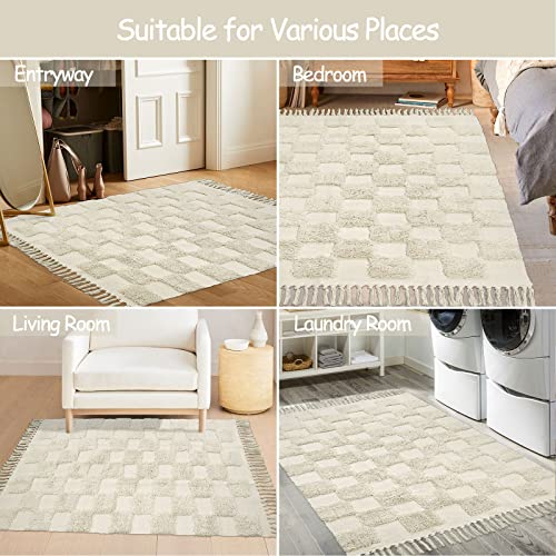 Lahome Boho Living Room Rug, 3X5 Checkered Bathroom Entryway Rug Farmhouse Washable Kitchen Rug With Tassels, Non-Shedding Beige Throw Rug Tufted Woven Rug For Bedroom Dressing Room Office #TOP5
