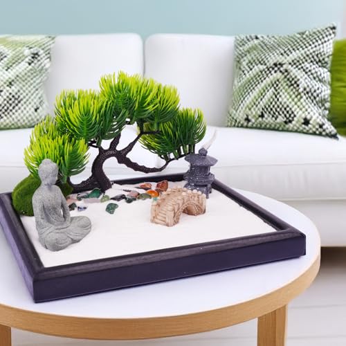 Mini jardim zen para mesa – decoração japonesa de 20 x 18 cm, jardim de rochas, 15 itens – presentes