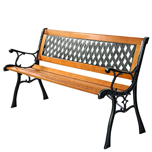 KOMFOTTEU 3 Sitzer Gartenbank, Holzbank mit Metallrahmen, Parkbank mit Armlehnen & Rückenlehne, Außenbank bis 210 kg belastbar für Terrasse Balkon Garten, Natur & Schwarz