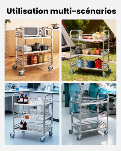 VEVOR Chariot de Service Utilitaire 3 Niveaux, Desserte en INOX avec Roues Verrouillables, pour Soins Médicaux Hôpital Clinique Restaurant Cuisine et Salon de Coiffure, Chariot de Laboratoire Mobile – vue 6