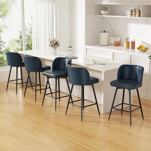 Image of Swivel Bar Stools Set of 5, 26 inch Counter Height Bar Stools with High Back and Metal Legs, Faux Leather Bar Chairs, Modern Barstools for Kitchen Island, Dark Blue