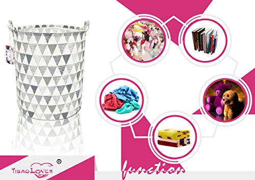 TIBAOLOVER 19.7" Large Sized Waterproof Foldable Canvas Laundry Hamper Bucket with Handles for Storage Bin,Kids Room,Home Organizer,Nursery Storage,Baby Hamper(Triangle Pattern-Grey) - Thumbnail 5
