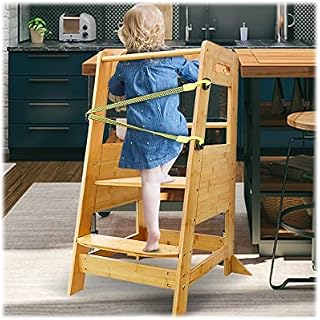 X XBEN Kitchen Helper Stand Toddlers, Montessori Kitchen Helper for Toddlers Children Kids, Toddler Tower Kitchen Step Stool by Natural Solid Bamboo with Adjustable Platform and Safety Straps