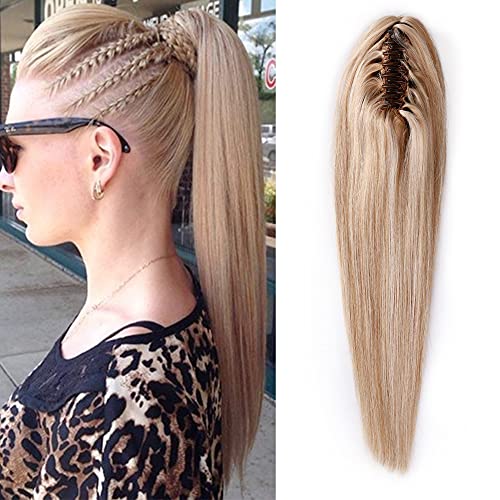 S-noilite Ponytail Extension Claw Short Human Hair 14  Clip in Hairpieces Balayage Jaw On Pony Tails Soft Straight Remy Hair Extensions 105g For Women Ash Blonde Highlighted Bleach Blonde