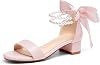Coutgo Zapatos de Vestir para Niña, Tacones Bajos Gruesos, Sandalias con Moño y Perla, Tobillera, Zapatos para Fiesta de Boda de Flor 1