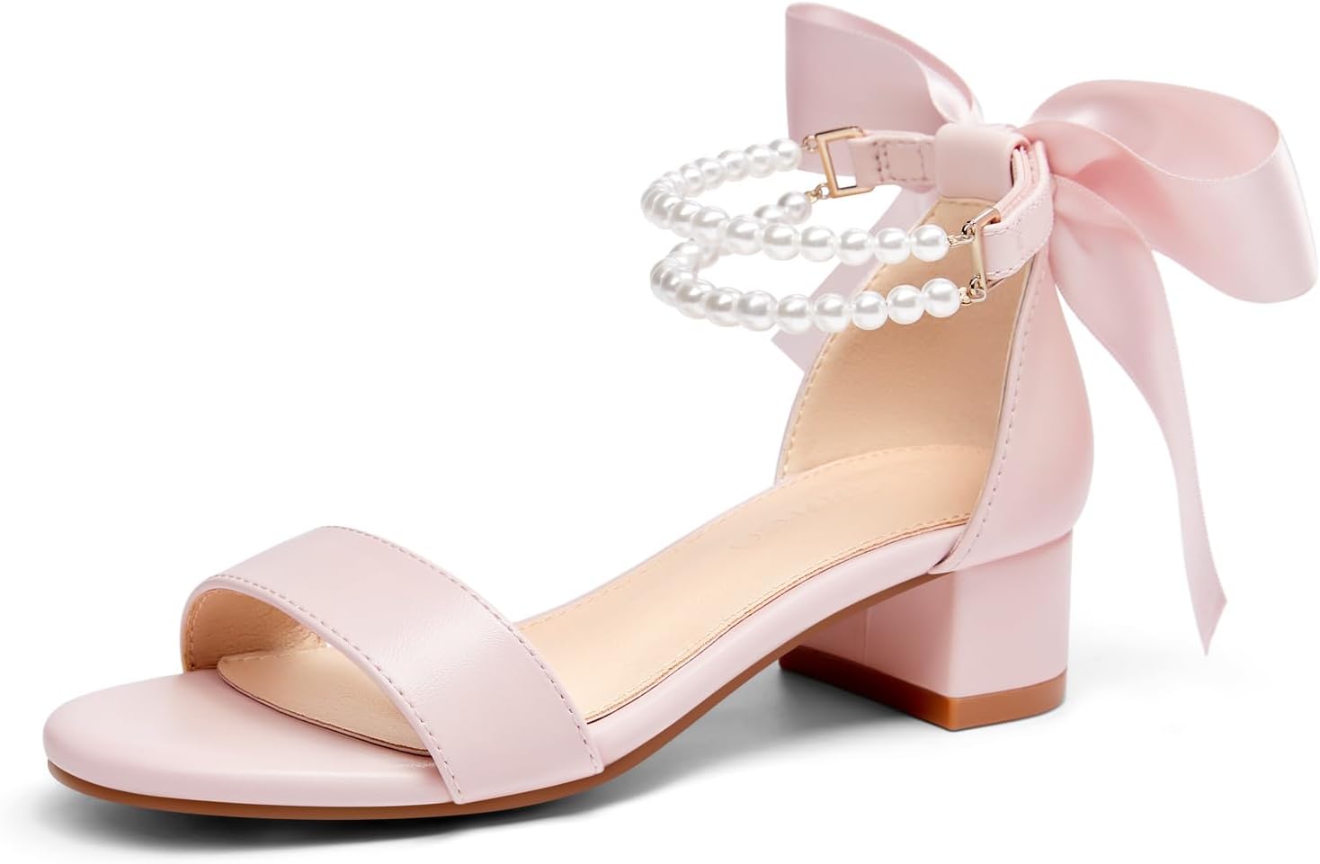 Coutgo Girls Dress Shoes Chunky Low Heels Sandals Bow Pearl Ankle Strap Flower Girl Wedding Party Shoes