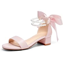 Coutgo Girls Dress Shoes Chunky Low Heels Sandals Bow Pearl Ankle Strap Flower Girl Wedding Party Shoes