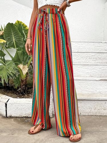 Verdusa Women's Elastic High Waist Boho Stripe Print Loose Wide Leg Pants4