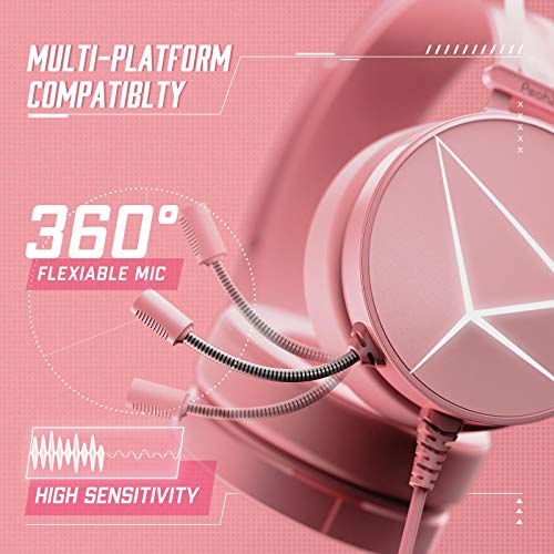 PeohZarr Pink Gaming Headset PS4 Headset Xbox One Headset, PC Headset with LED Lights, Detachable Cat Ear Headphones, Compatible with Xbox One Controller(Adapter Not Included), PS4, PS5