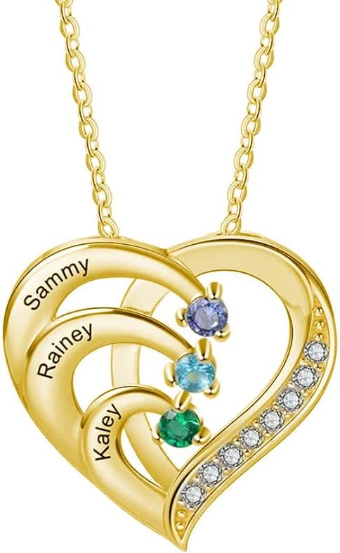 10K 14K 18K Gold Natural Diamonds and 2-5 Birthstones Heart Necklace for Women,Personalized Name Necklace Gift for Mom Gifts for Mother's Day(G-H Color, I2-I3 Clarity)