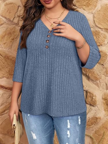 Image of Koscacy Women Plus Size V Neck 3 /4 Roll Sleeve Sweater Casual Knit Tops Solid Color Blouses
