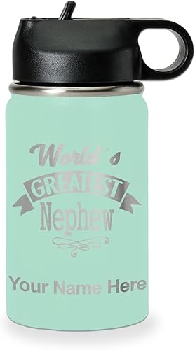 Miniatura 33 de LaserGram Botella de agua con tapa abatible de doble pared de 20 onzas con popote, sobrino más grande del mundo, grabado personalizado incluido