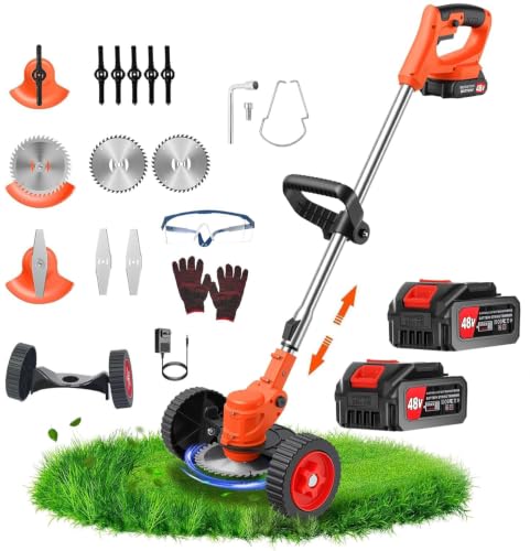 Image of Cordless Grass Cutter Machine for Garden | Weed Cutting Tool | Easy Storage with Adjustable Height & Foldable Handle | 2 x 48V Battery | 25cm Cutting Width | 3 x Heavy-Duty Blades (Old-Orange)