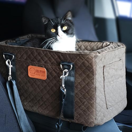 RUYICZB Console Dog Car Seats for Small Dogs, Dog Car Seat Middle Console Pet Car Seat, Pet Booster Seat for Car, Puppy Car Seat, Dog Car Carrier, Luxury Car Seat for Center Car Armrest,Coffee
