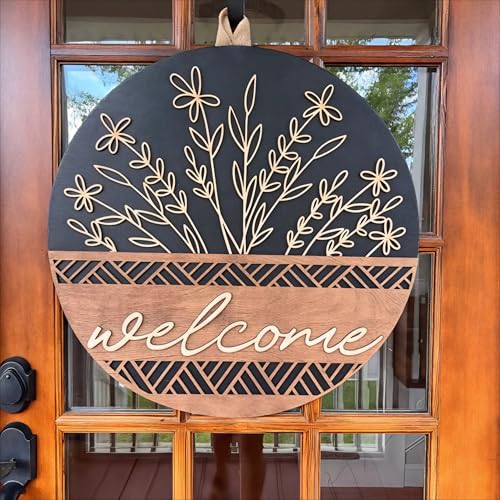 3D Welcome Sign for Front Door, Rustic Round Wood Wreaths Wall Hanging...