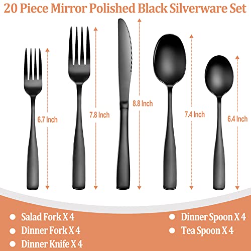 20 Pcs Black Silverware Set, Stainless Steel Flatware Set for 4, Food-Grade Cutlery Set, Mirror Polished Tableware Eating Utensils Set for Home Kitchen, Include Knife Fork Spoon Set, Dishwasher Safe