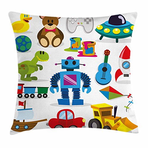 Lunarable Cartoon Throw Pillow Cushion Cover, Colorful Toys Art Style Robot and Dinosaur Ship Controller UFO, Decorative Square Accent Pillow Case, 28