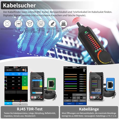Henkion RJ45 Netzwerkkabeltester UTP-Kabeltester,Ethernet-Kabelverfolger, 4-Zoll-IPS-Touchscreen, unterstützt Netzwerktools, digitales Multimeter, OPM, POE++-Erkennung, RJ45 TDR, Kabellänge, NCV