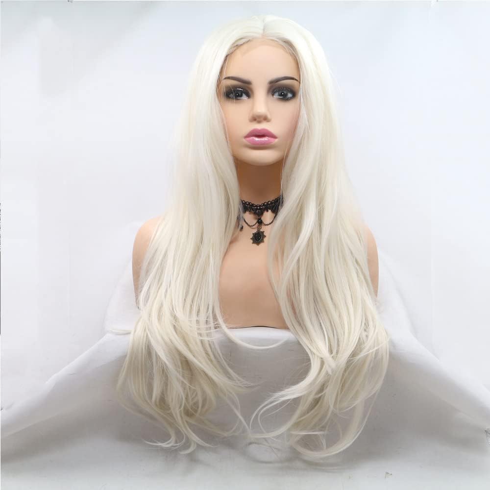 Xiweiya Long Body Wavy Platinum Blonde White Synthetic Lace Front Wig Soft Natural Hair Replacement Full Wig Heat Resistant Fiber For Women 24 inch - Image 3