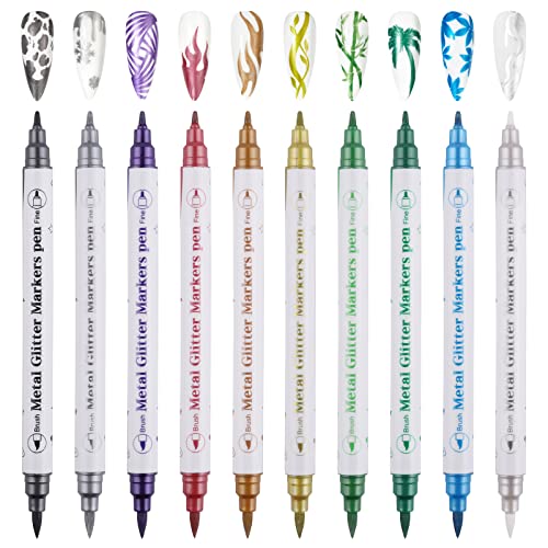 10 Color Metal Giltter 3D Nail Art Pens Set, Kalolary Double-ended Nail Point Graffiti Dotting Pen Drawing Painting Liner Brush for DIY Nail Art Beauty Adorn Manicure Tools(G)