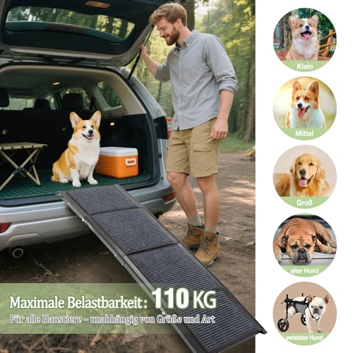 Thanaddo Hunderampe Auto Klappbar, Extra Lange Hunderampe mit Rutschfester Teppich für Große Hunde bis 110 KG, Innenbereich verfügbar, Hundetreppe Outdoor für Autos SUV, LKW