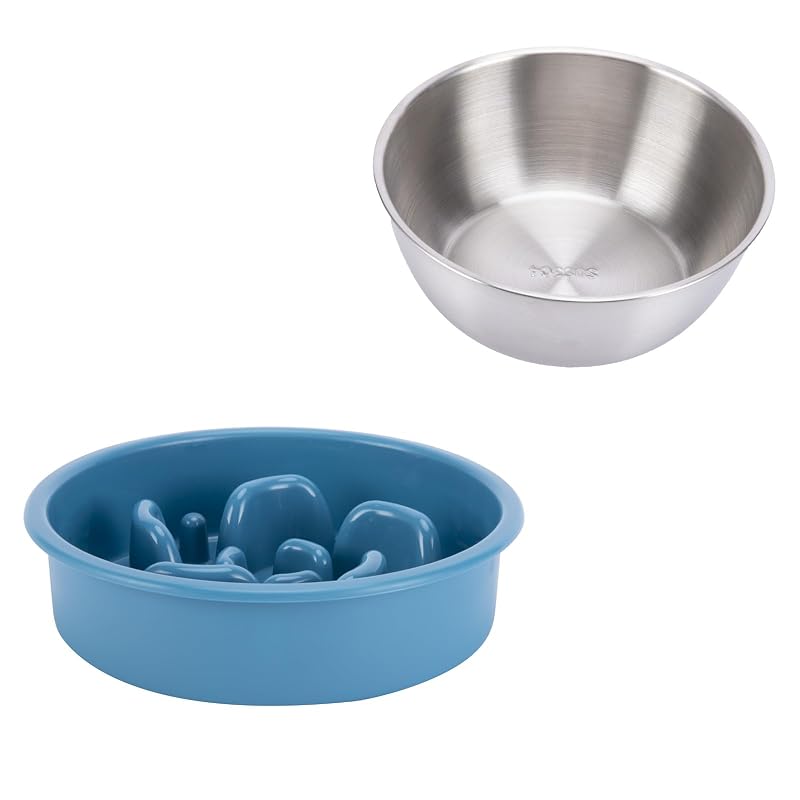Comedouro lento para cães com tigela de água em aço inoxidável MateeyLife Azul, conjunto com 2