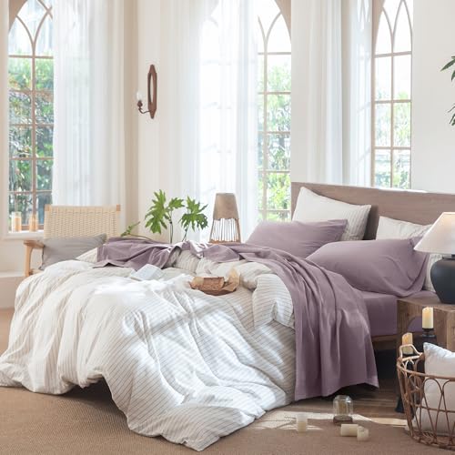 Image of MooMee Sheet Set 100% Washed Cotton Linen-Like Extra Deep Pocket Queen | Relaxed Linen-like Texture. Soft, Breathable & Lightweight Comfort. 15-19 inch Extra Deep Pocket with All-around Elastic