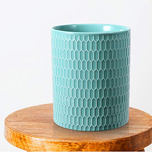 Meigui Kitchen Utensil Holder, Ceramic Utensil Crock Large Utensil Holder For Countertop, Relief Design Cooking Utensil Organizer For Kitchen Wedding/Birthday/Housewarming Gift, Turquoise Color #TOP6
