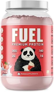 Panda Supps PANDA FUEL: Whey Isolate, Hydrolyzed Collagen,Casein Protein, Egg Protein, Probiotics,Enzymes,Keto, 25 Serve (Strawberries & Cream, 2.5LB)