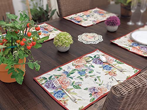 Dada Bedding Vintage Romantic Roses Floral Dining Table Placemats - Set Of 4-Pieces Tapestry Lovely Valentine Blossoms Spring Summer Garden - Decorative Linen Woven Kitchen Mats - 13” X 19” (879) #TOP2