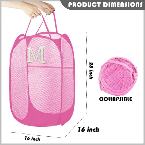 Image of Collapsible Pop Up Laundry Hamper, Extra Large with Removable Initial Letter M, Mesh Foldable Laundry Basket, 28 inch x 16 inch x 16 inch (Pink)