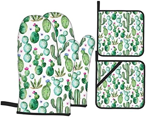 YIFTD Oven Mitts and Pot Holders Sets of 4 Cactus Plants Washable Kitchen Gloves Waterproof Oven Gloves and Hot Pads for Baking Cooking Grilling BBQ