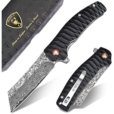 AUBEY Damascus Pocket Knife, 3.34" Damascus Steel Hollow Grind Blade, Folding Knife with Ball Bearing, Aluminum Handle, EDC Knife for Outdoor Camping Hunting Cover