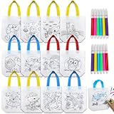 Hmfmdy Juego de bolsas de tela para niños, 12 bolsas de tela para pintar para niños, 12 lápices de graffiti de colores, bolsas de tela no tejidas para pintar para cumpleaños infantiles