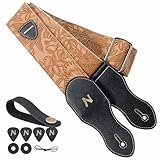Nefelibata Sangle de guitare, 2.3 pouces style Porter en cuir végétalien, Western Vintage des années 60, Plectre de guitare, Bouton et verrou de courroie