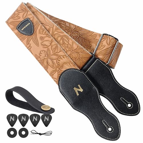 Nefelibata Sangle de guitare, 2.3 pouces style Porter en cuir végétalien, Western Vintage des années 60, Plectre de guitare, Bouton et verrou de courroie