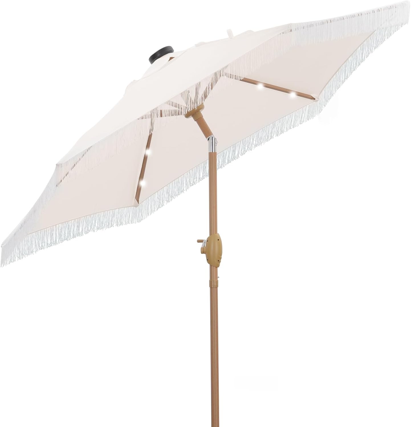 7.5FT Patio Umbrella with Tilt Fringe Tassel Umbrella with LED Solar Lights And Crank For Yard, Pool, Deck, Beach, Cream