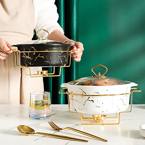 Runde Chafing Dishes aus Keramik mit Brennstoffhalter und Glasdeckel, Chafers und Buffetwärmer-Sets, Speisepfanne für Hochzeiten, Partys, Bankette, Weihnachten, Catering-Events - 2,2L,Weiß,B – Bild 7