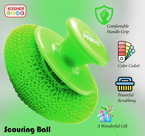 Image of Parve Green Scouring Pad with Comfortable Handle - Ergonomic Easy Grip Dishwashing Cleaning Sponge Brush - Color Coded Home and Kitchen Accessories by The Kosher Cook
