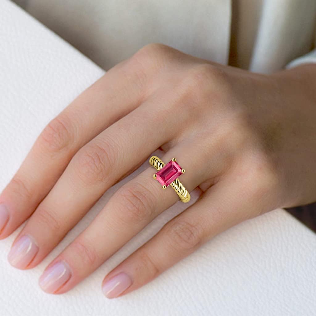 TriJewels Emerald Cut 6x4 mm Pink Tourmaline 1/2 ct Women Solitaire Rope Engagement Ring 10K Gold