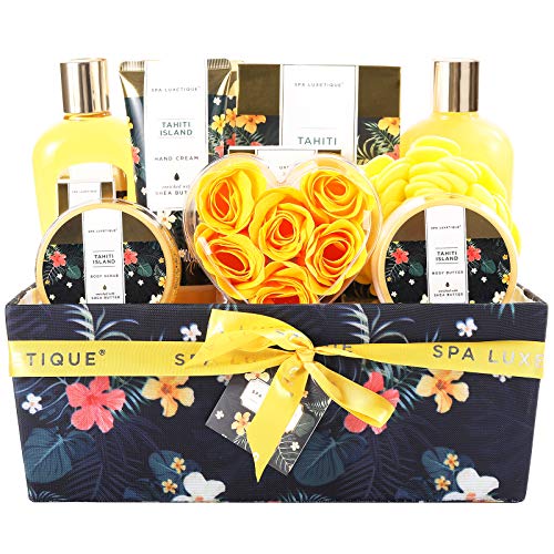 Spa Luxetique Spa Gift Set,Bath Sets Gift for Women Men 12pcs Tahiti Island Relaxing Bath hamper Gifts Sets with Essential Oil,Body Butter,Bubble Bath Birthday Pamper Gifts Valentines Gifts for Her