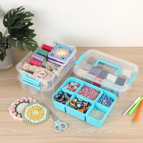 Image of plastic boxes for Storage transparent boxes for storage, Portable & Stackable Space Saving Organiser with Lid for Medicine, Jewelry, Arts & Crafts, Buttons, Beads (Blue, 4 TIER WITH 2 TRAY)
