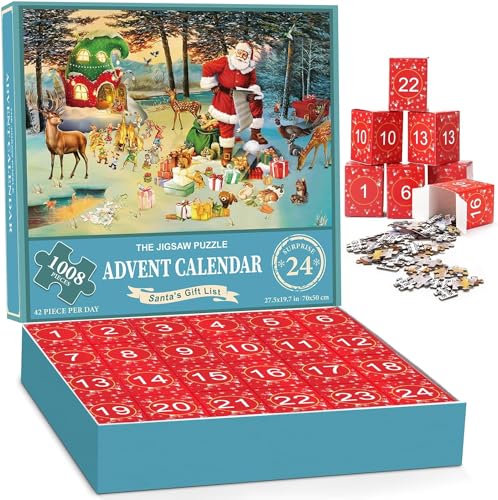 2023 Adventskalender pussel 1008 delar, färgglatt skicklighetsspel för hela familjen, vuxenpussel från 8–14 år julkalender