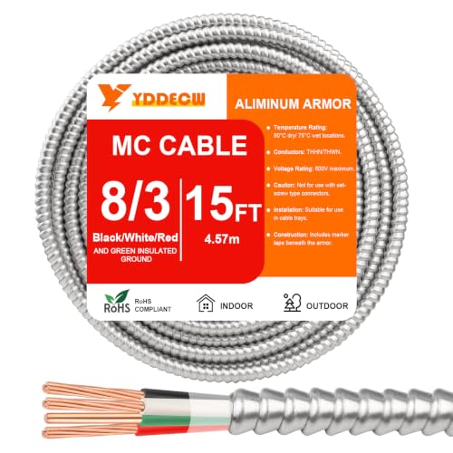 Image of 15FT 8 /3 Metal Clad (MC) Cable with Ground, 8 Gauge Electric Wire with Aluminum Armor, Solid Bare Copper Conductors for Indoor Outdoor Underground Embedded Installation (8 /3, 15 ft)