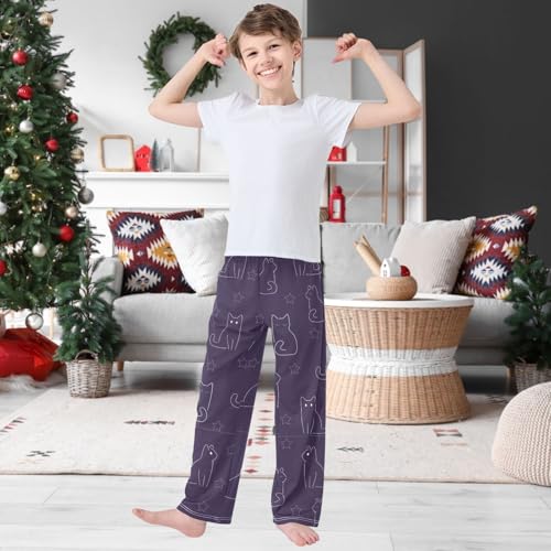 Boy's Lounge Pants Outline Animal Funny Cat Purple Kids Jogger Pants Elastic Waist Long Bottoms with Pocket 6-14Y2
